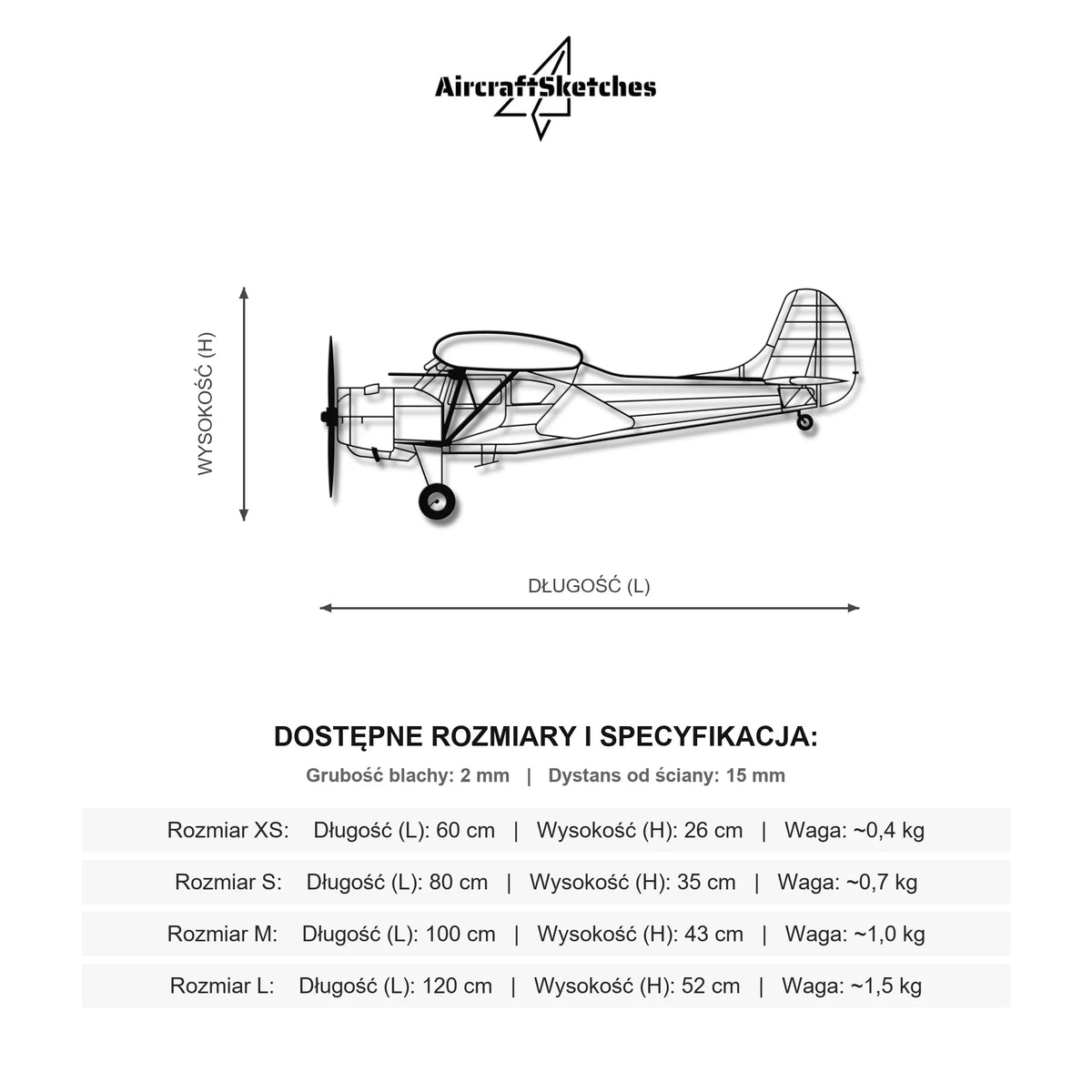 Wymiary i specyfikacja techniczna: PZL 101 Gawron – Metalowa sylwetka na ścianę