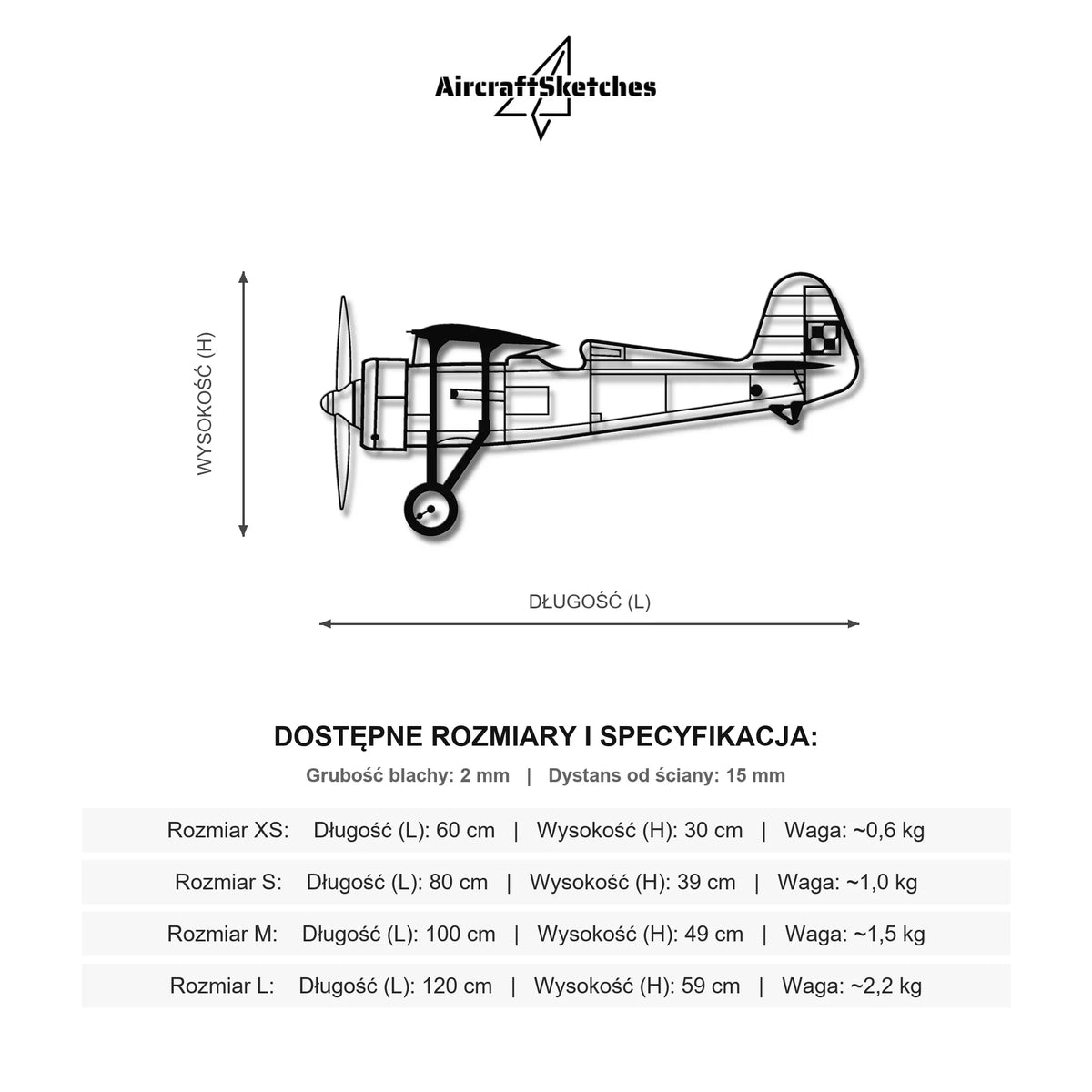 Wymiary i specyfikacja techniczna: PZL P.11c (Polska Szachownica) – Metalowa sylwetka na ścianę