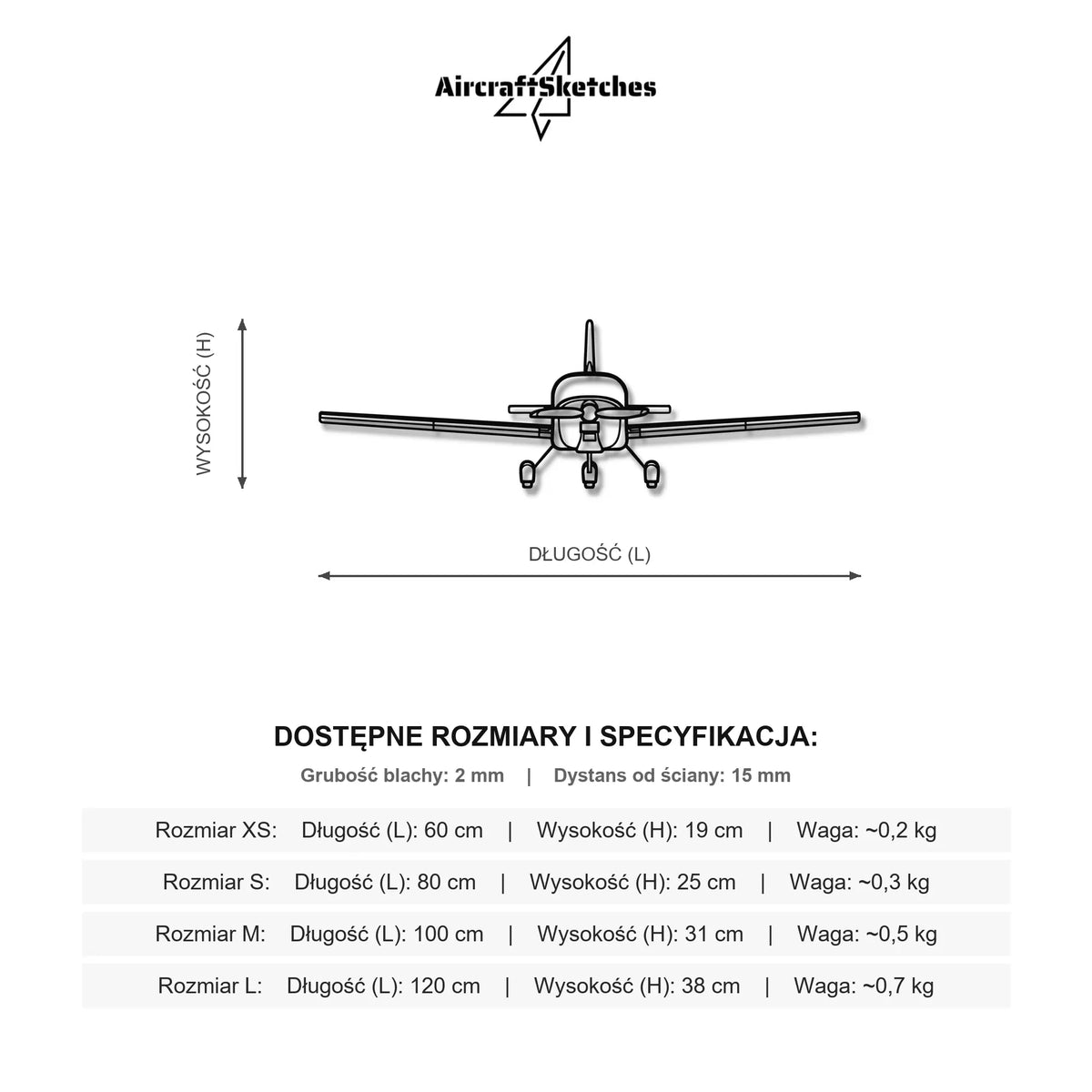 Wymiary i specyfikacja techniczna modelu: Cessna Rv 12Is - Metalowa dekoracja ścienna