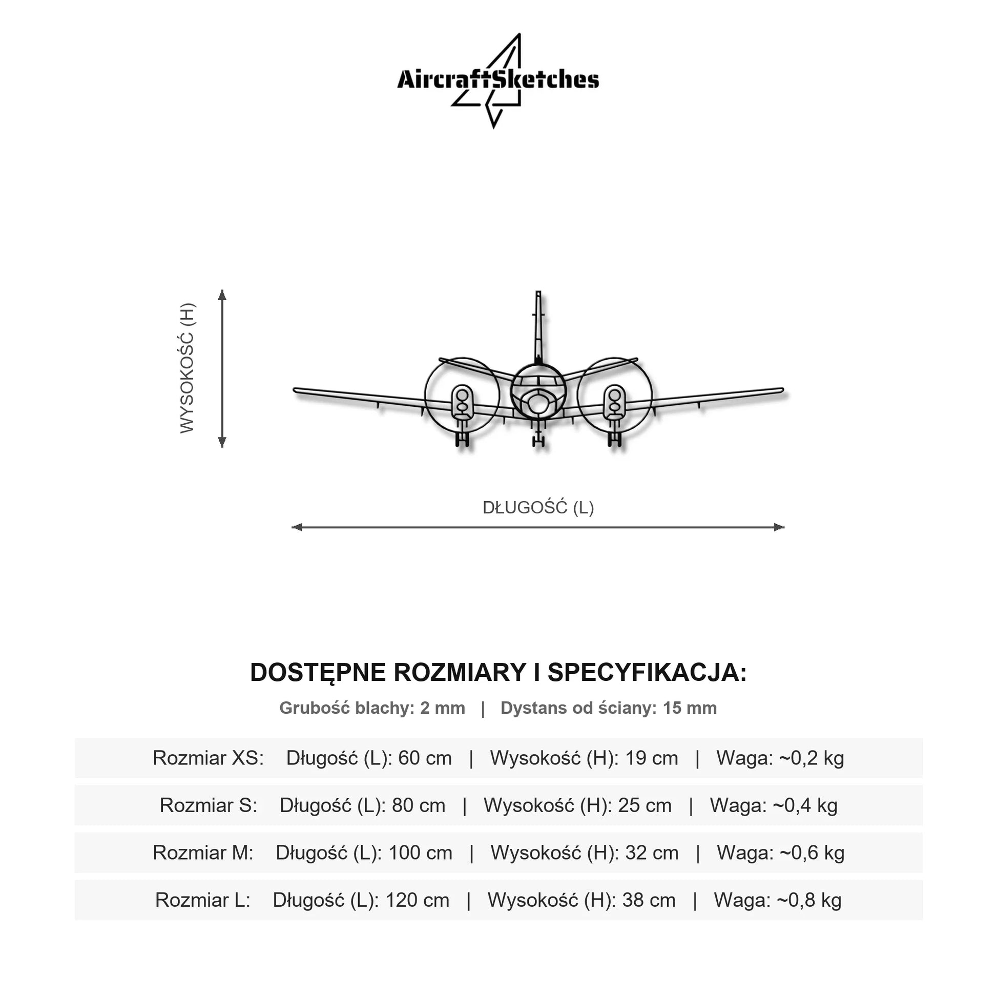 Wymiary i specyfikacja techniczna: Saab 340 – Metalowa sylwetka na ścianę