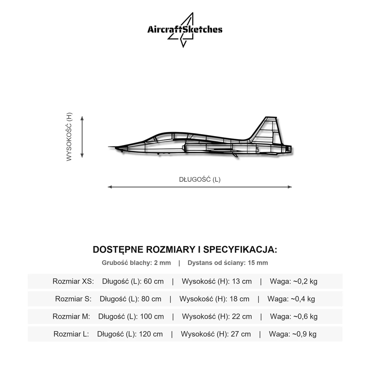 Wymiary i specyfikacja techniczna modelu: Northrop T-38 Talon - Metalowa dekoracja ścienna
