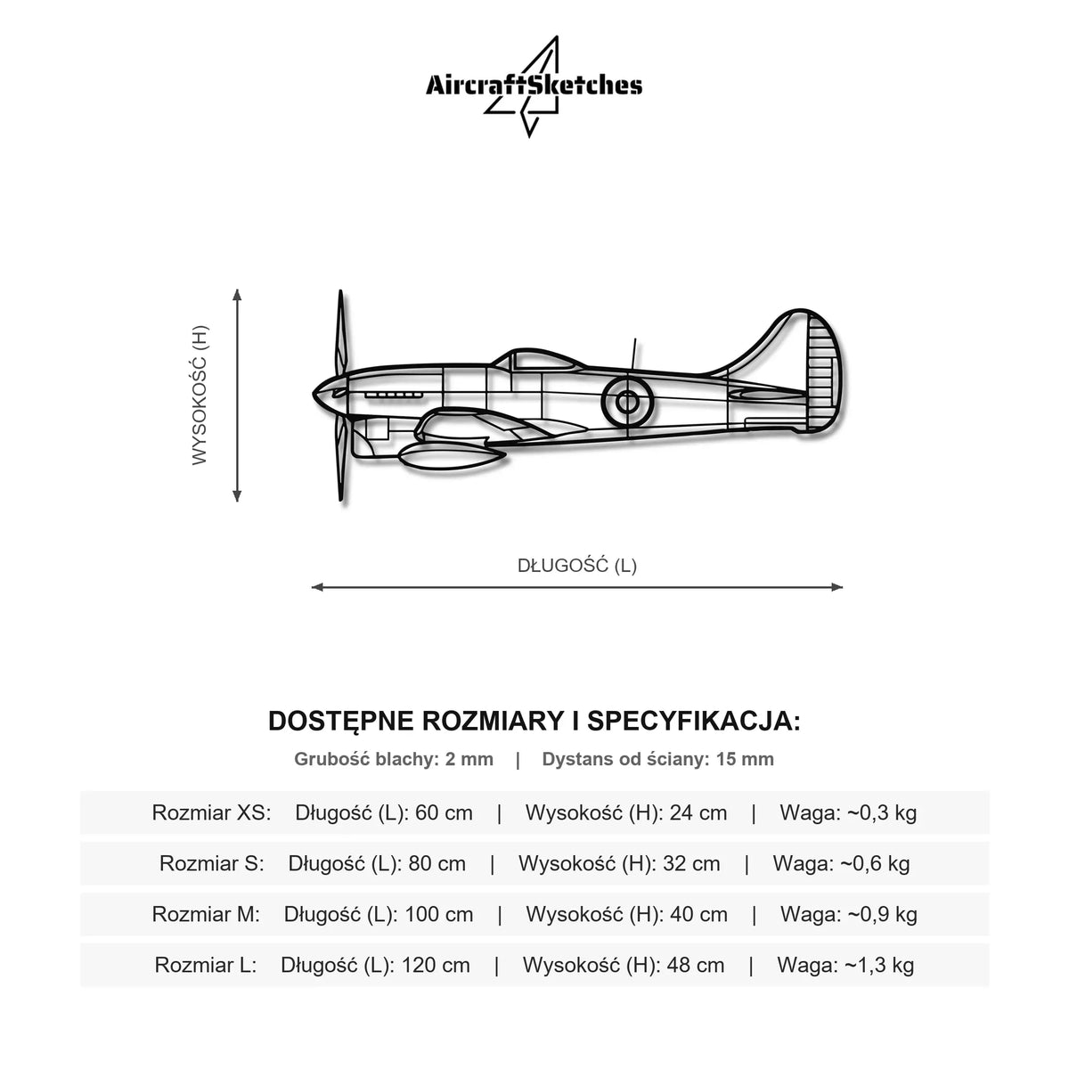 Wymiary i specyfikacja techniczna modelu: Hawker Tempest Mk V - Metalowa dekoracja ścienna