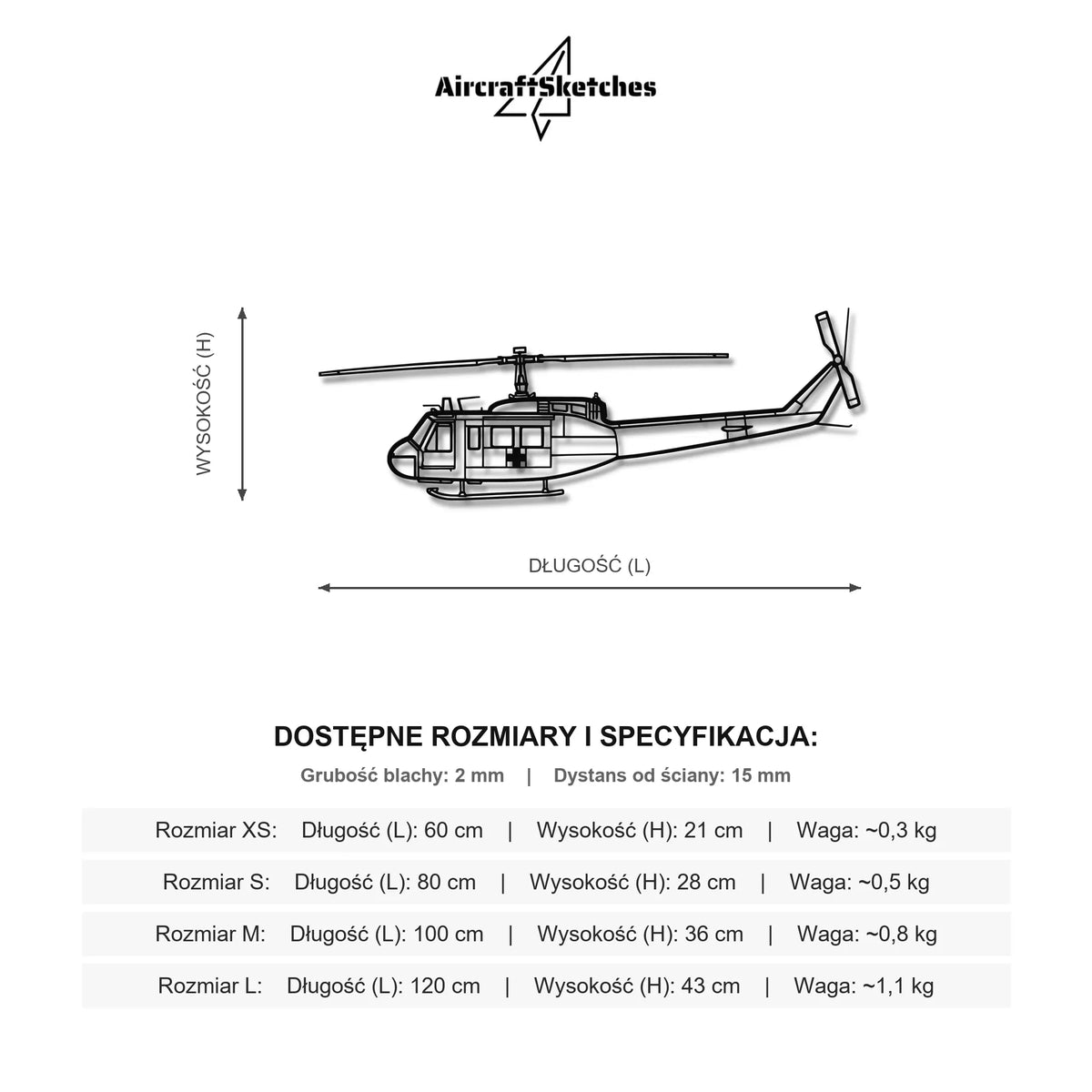 Wymiary i specyfikacja techniczna modelu: Bell UH-1 Iroquois - Metalowa dekoracja ścienna
