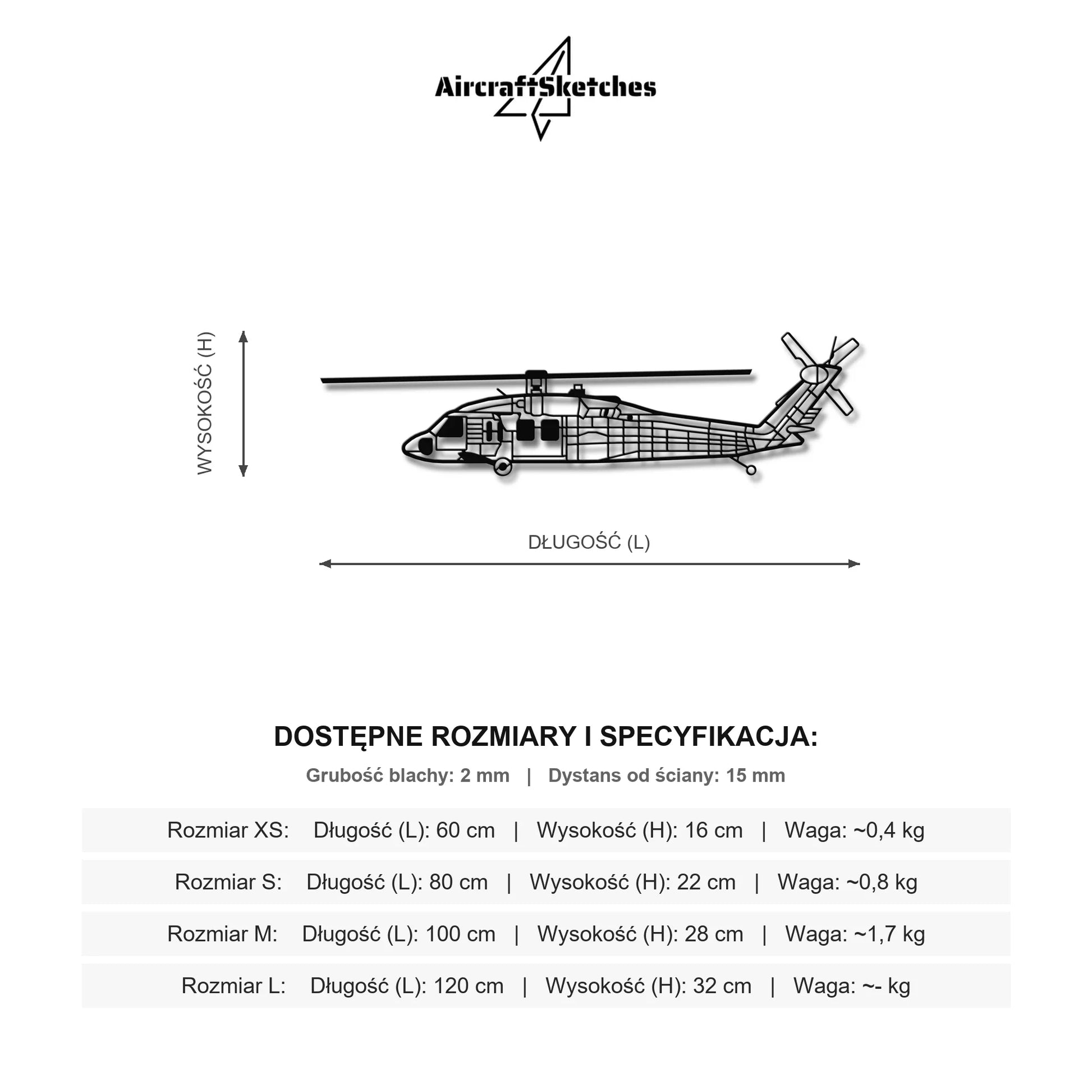 Wymiary i specyfikacja techniczna: UH 60 Black Hawk – Metalowa sylwetka na ścianę