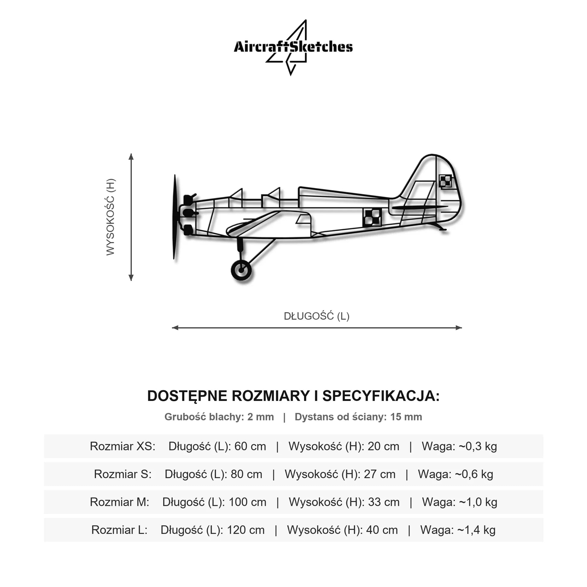Wymiary i specyfikacja techniczna: UT-2 (Polska Szachownica) – Metalowa sylwetka na ścianę