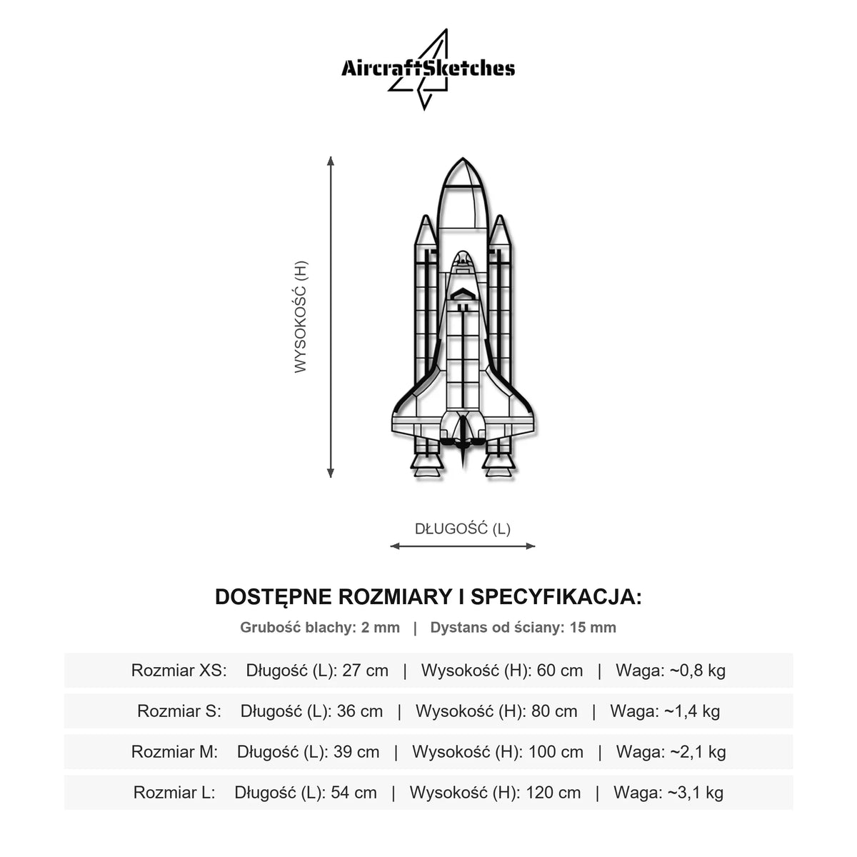 Wymiary i specyfikacja techniczna: Wahadłowiec Discovery – Metalowa sylwetka na ścianę