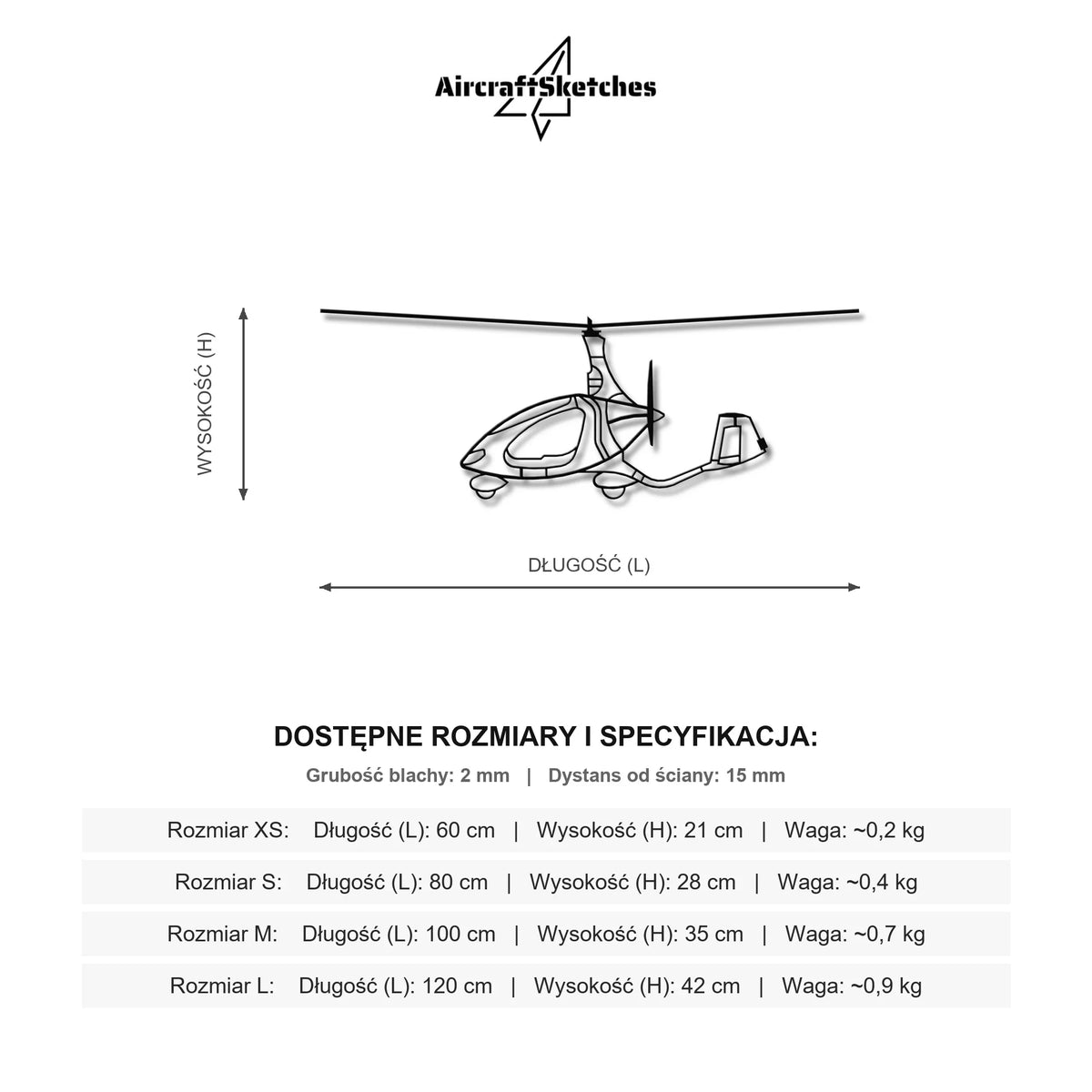 Wymiary i specyfikacja techniczna: Wiatrakowiec Autogyro Cavalon – Metalowa sylwetka na ścianę