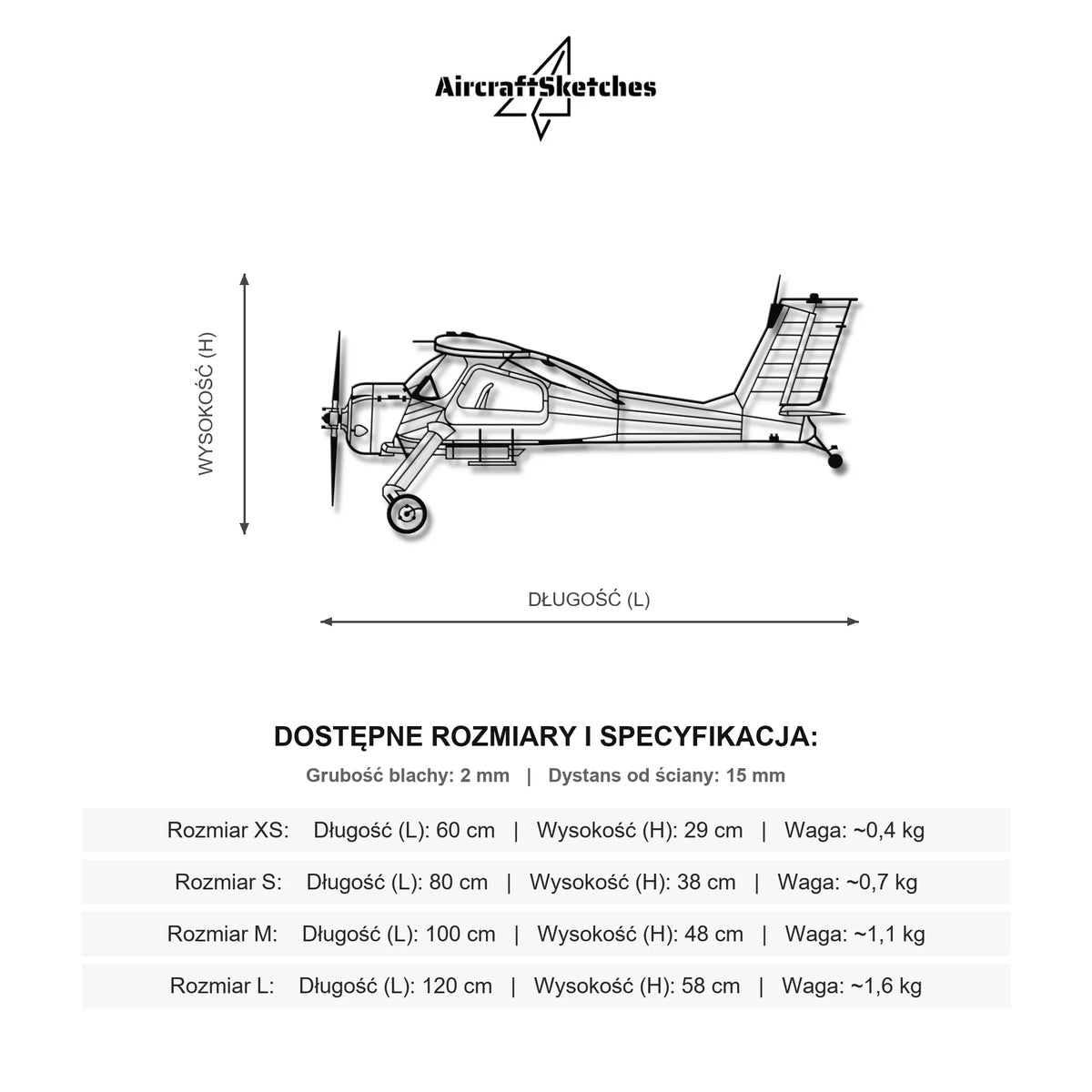 Wymiary i specyfikacja techniczna: Wilga PZL-104 – Metalowa sylwetka na ścianę