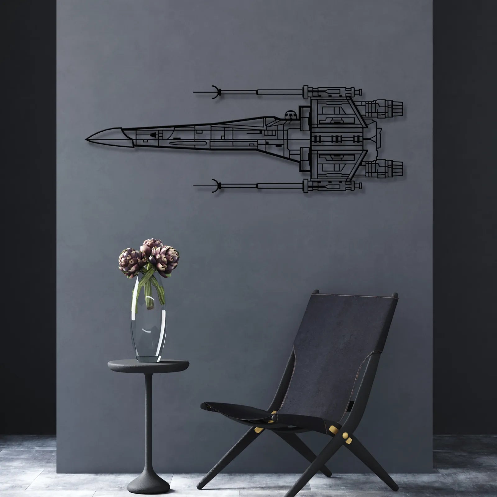 Ozdoba do salonu na ścianę - Metalowa dekoracja ścienna – inspirowany legendarnym myśliwcem sci-fi