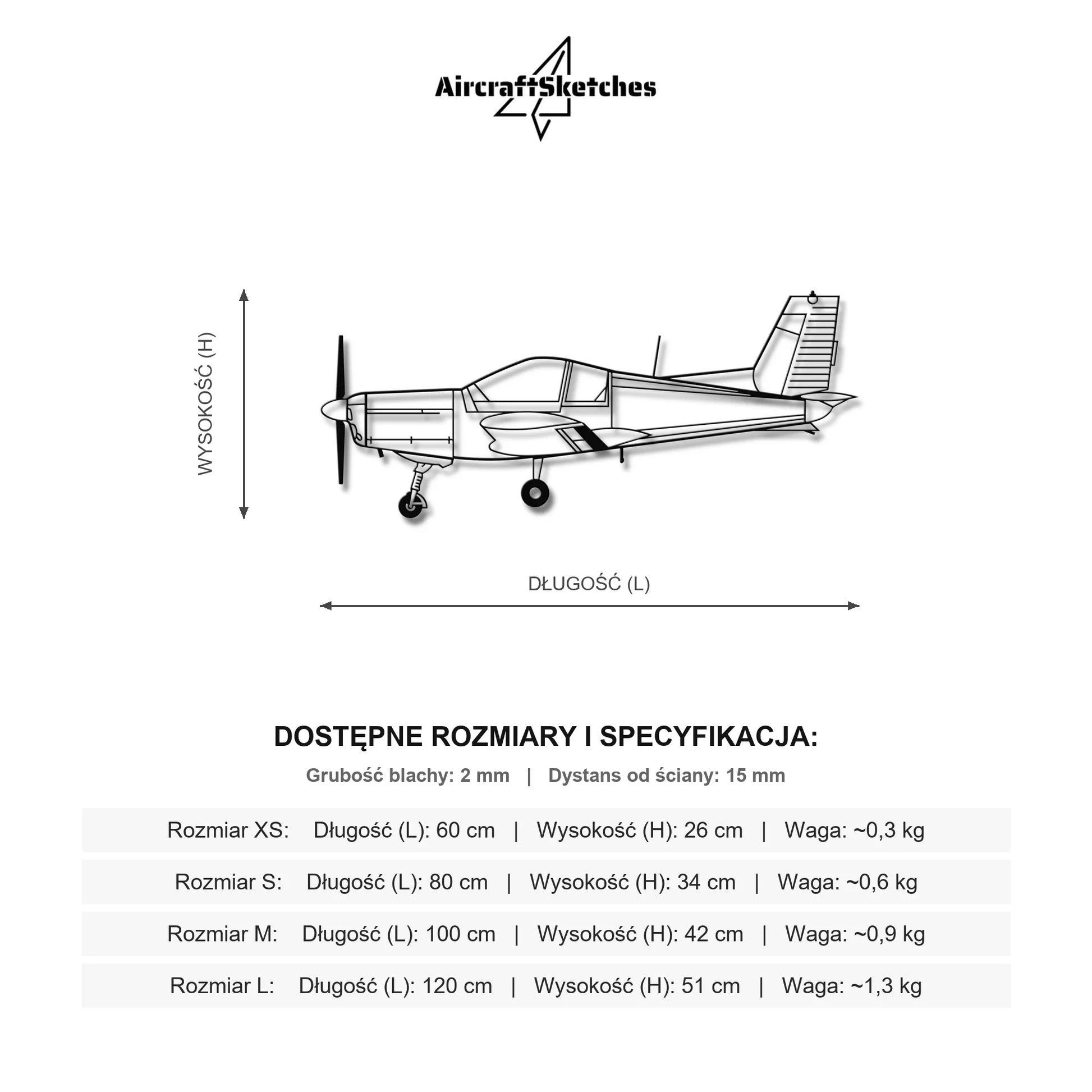 Wymiary i specyfikacja techniczna: Zlin Z-142 – Metalowa sylwetka na ścianę